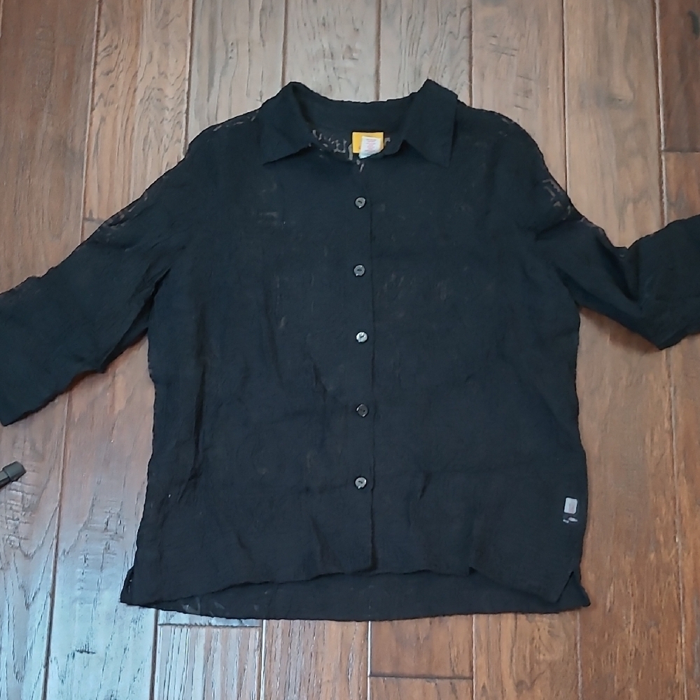 Ruby Rd Black Button-up Shacket with Sheer Burnout Design size 14